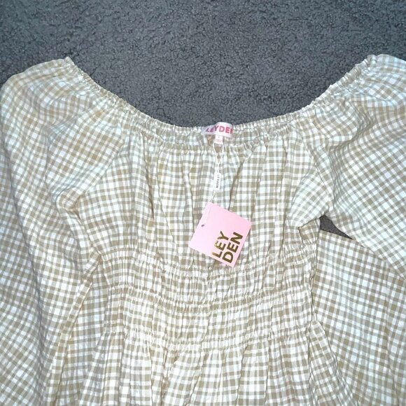 LEYDEN Smocked Boho Mini Peasant Prairie Beige & White Plaid Dress - NWT - L - Picture 14 of 16